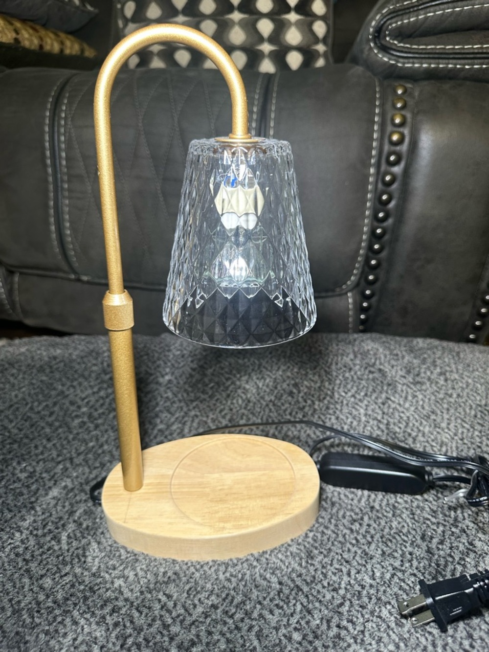 Gold Arc Candle Warmer with Table Lamp and Clear Cut-Glass Shade - Home Dining